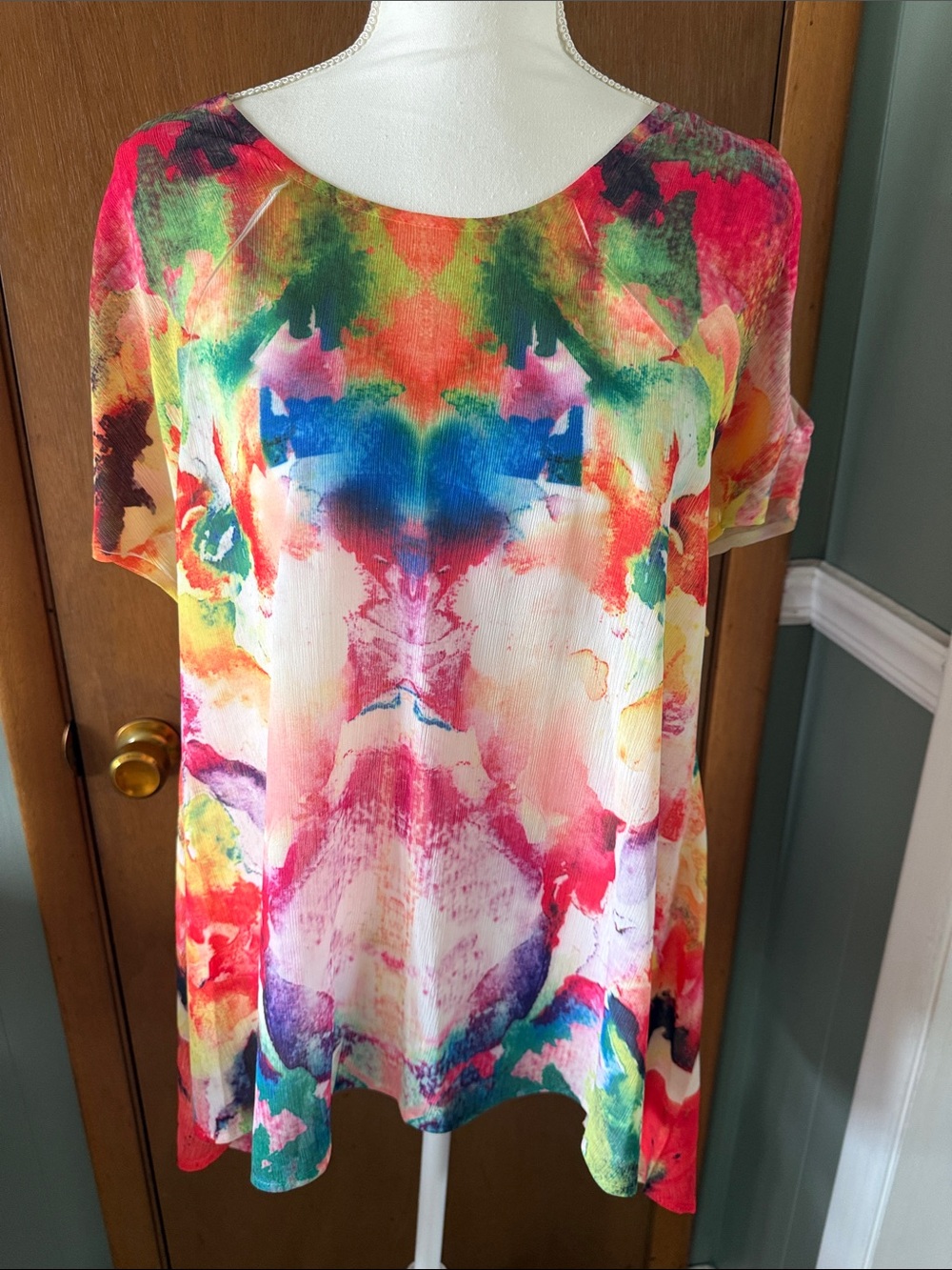 Vibrant Watercolor Print Scoop-Neck Women's Top Size S Oversized